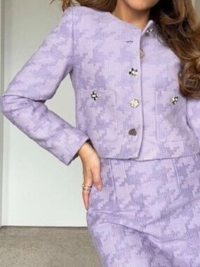 MANGO Purple Tweed Houndstooth Crop Collarless Blazer